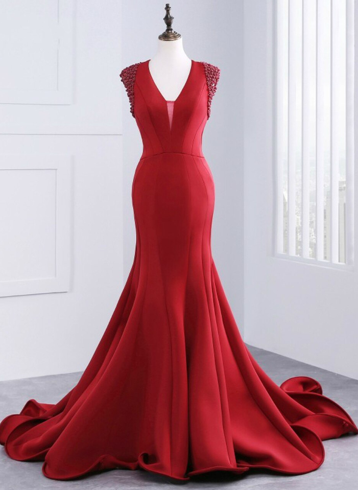 Luxury Satin V-neck Mermaid Long Dresses Floor Length Evening Dresses