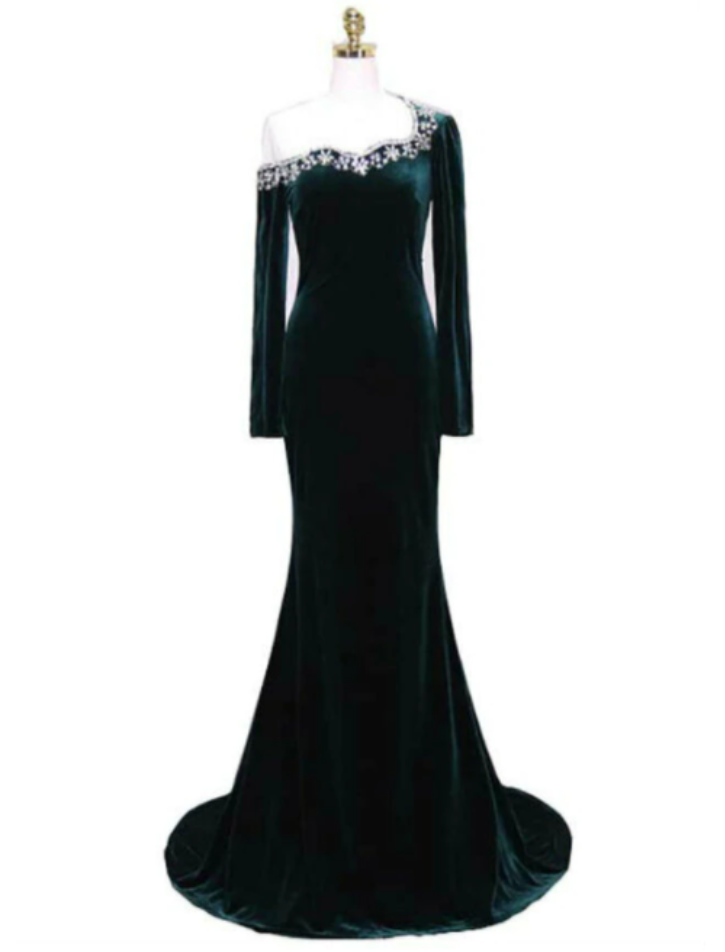 Mermaid Long Sleeve Velvet Prom Dress With Crystal