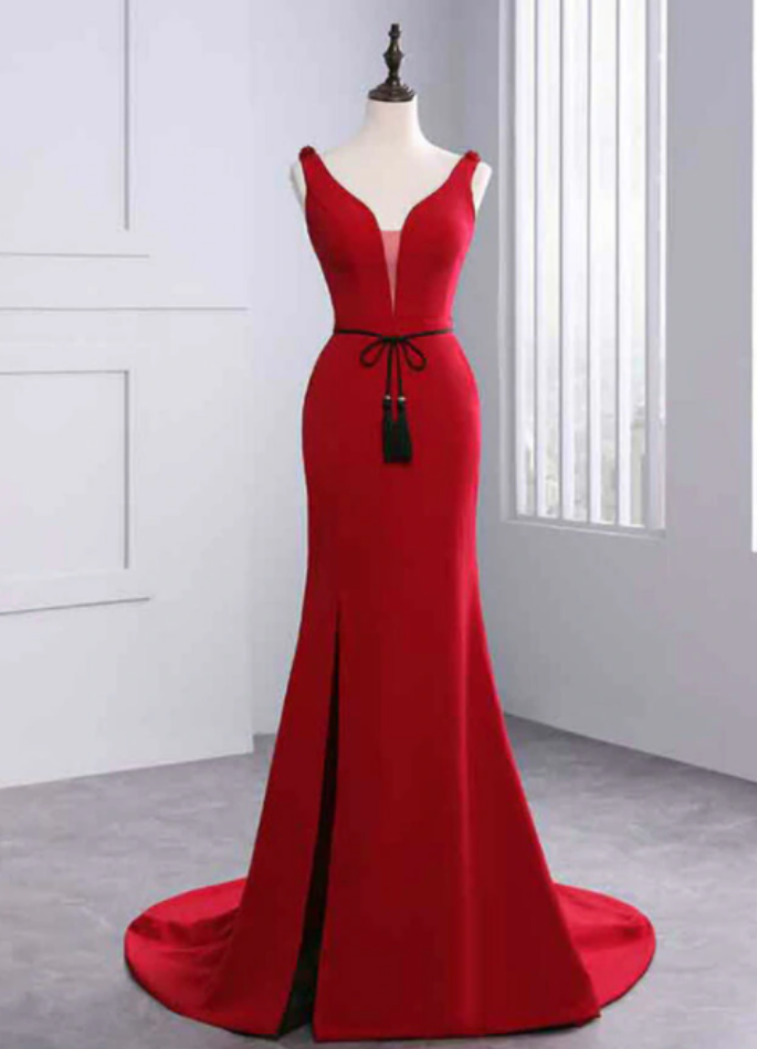Sexy Mermaid Red Satin V-neck Backless Prom Dress With Sash