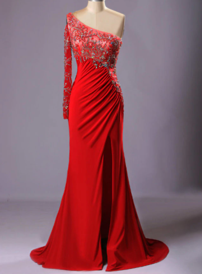 Red Bling One Shoulder Beads Crystal Vestido Para Formatura Longo Sexy Dress