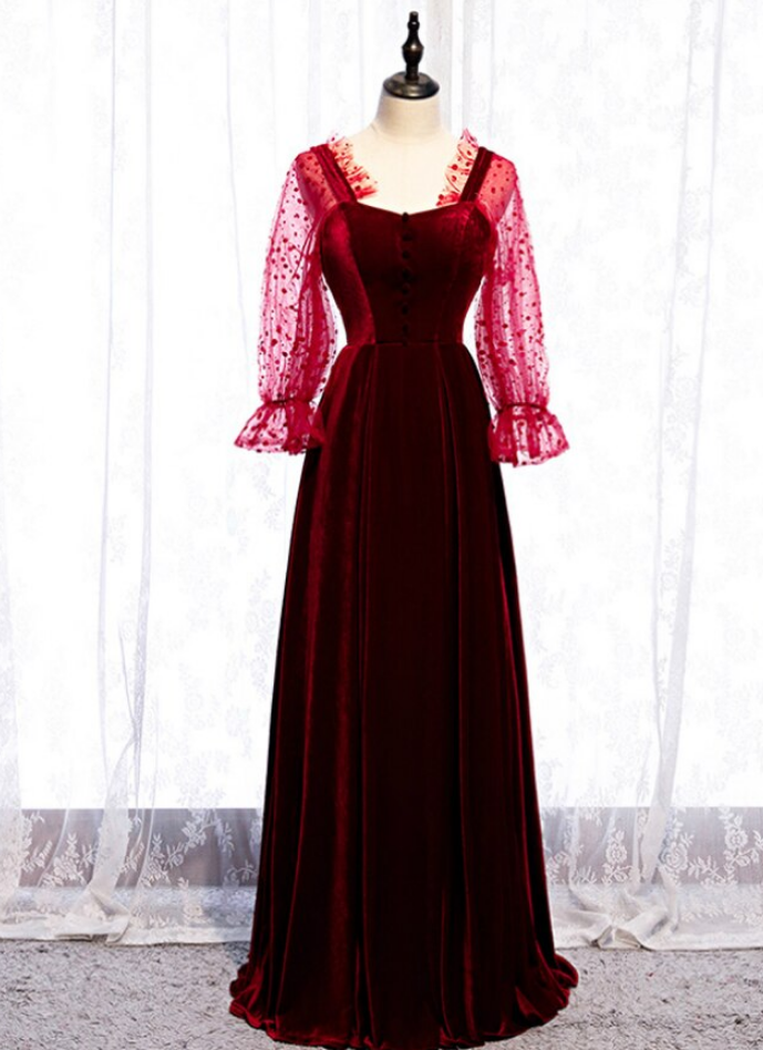 A-line Burgundy Velvet Long Sleeve Backless Prom Dress