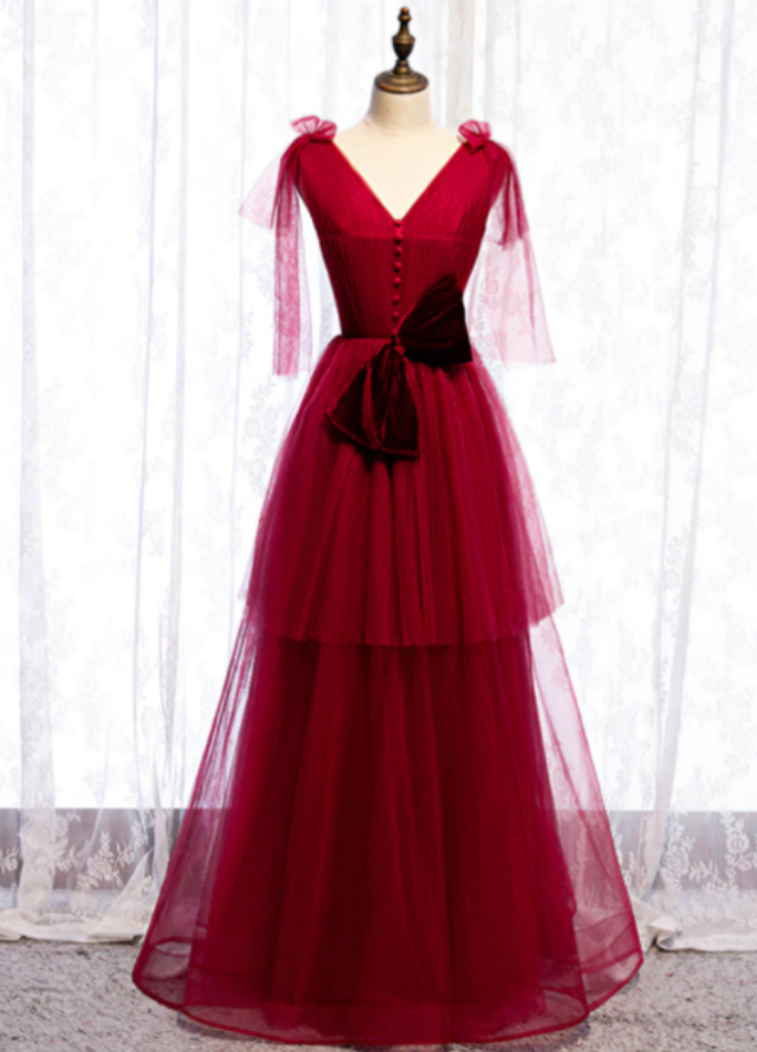 Burgundy Tulle V-neck Pleats Long Prom Dress With Bow