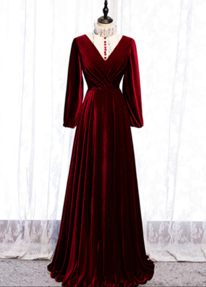 Dark Burgundy Velvet High Neck Long Sleeve Prom Dress