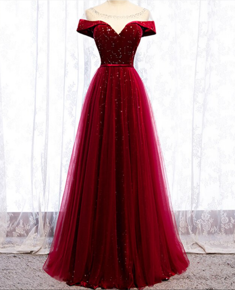 Burgundy Tulle Star Sequins Cap Sleeve Prom Dress