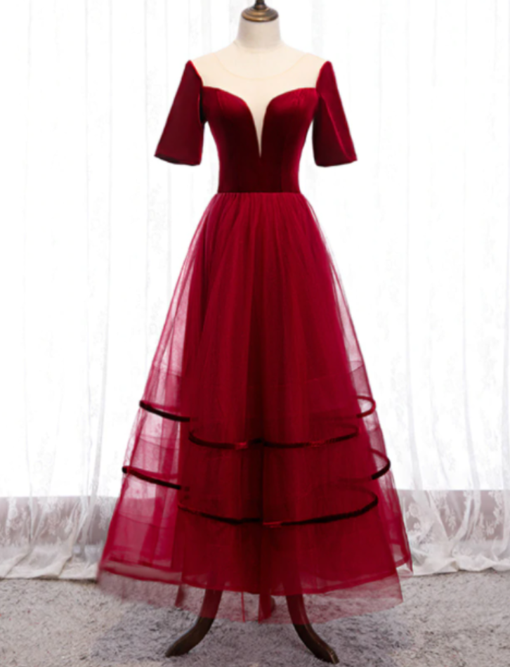 Tulle Velvet Short Sleeve Ankle Length Prom Dress