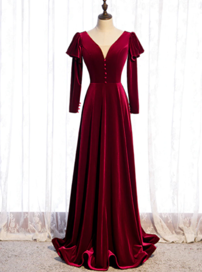 Dark Burgundy Velvet Long Sleeve V-neck Button Prom Dress