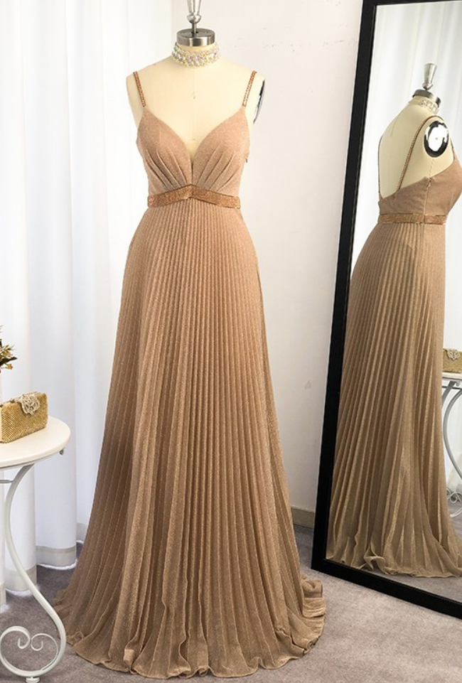 A-line/princess-ruffles-spaghetti Straps-sleeveless-floor-length-dresses