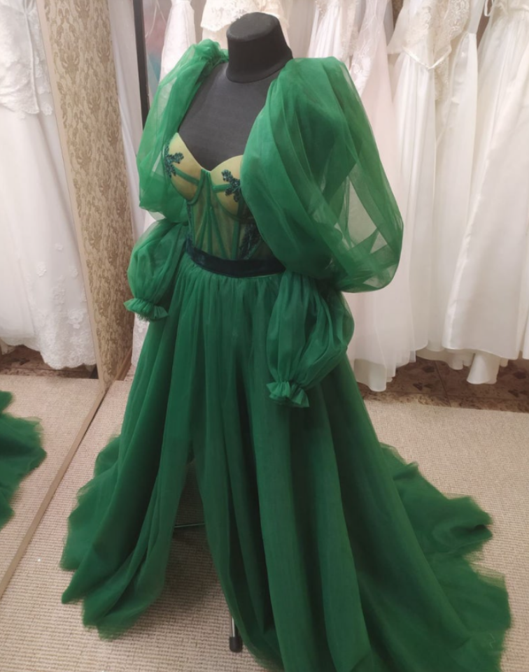 Puff Sleeve Dress, Bridesmaid Dress, Green Tulle Lace Dress, Princess Simple Dress, Evening Dress, Cocktail Dress, Feminine Party Dress