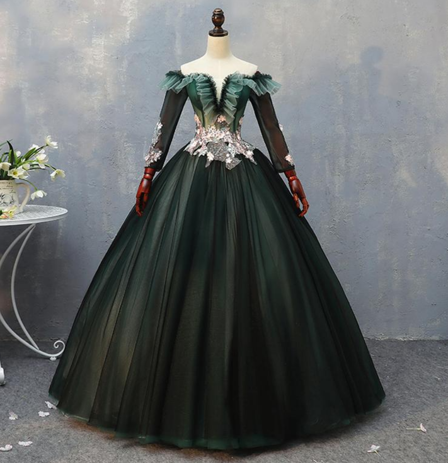 Vintage Banquet Dress Palace Style Prom Dress Long Illusion Sleeve Dress Luxury Off Shoulder Dress Gorgeous Party Dress Ball Gown