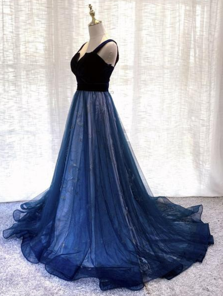 Velvet Tulle Long Prom Gown Formal Dress