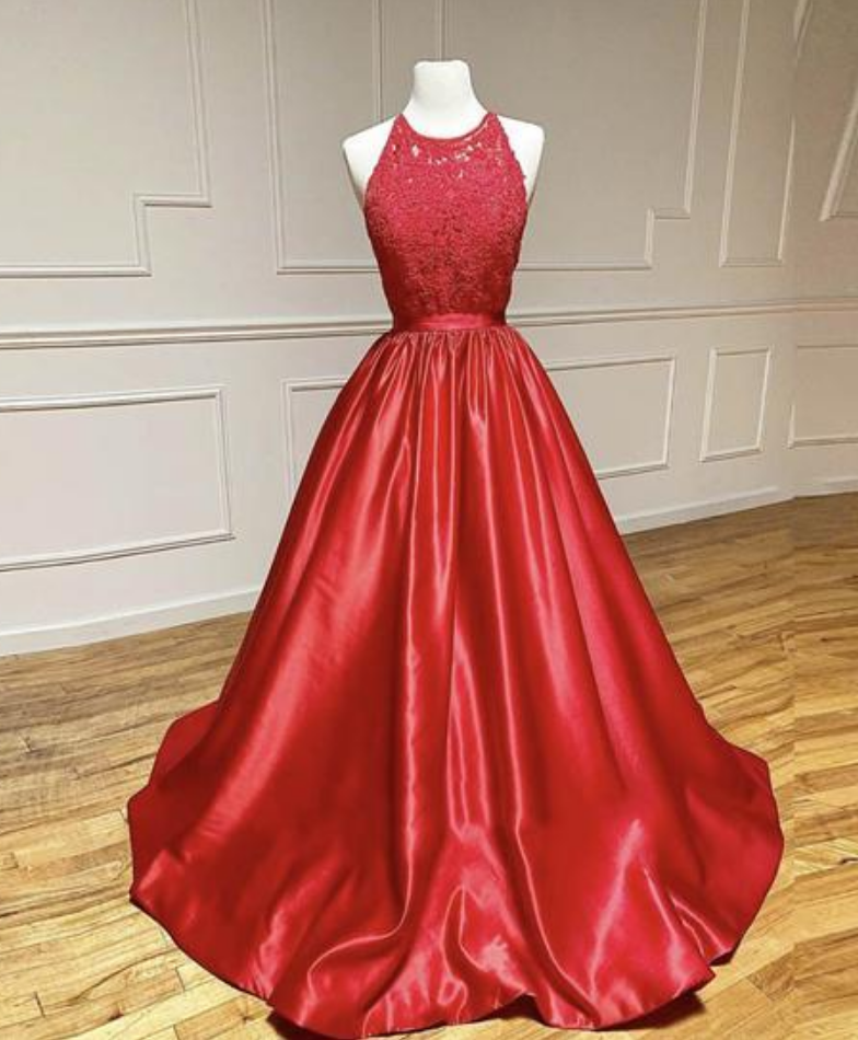 Red Satin Lace Long Prom Dress Formal Dress