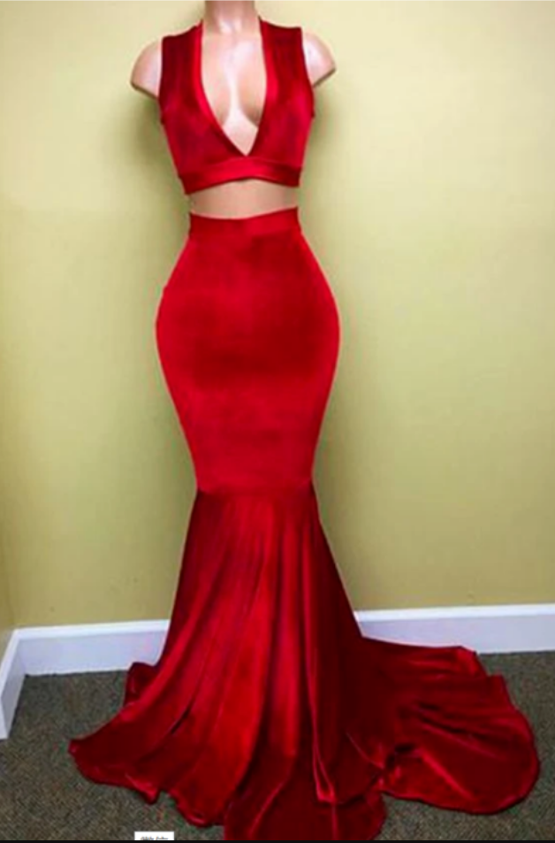 Long Two Piece Prom Dress, Red Evening Dress