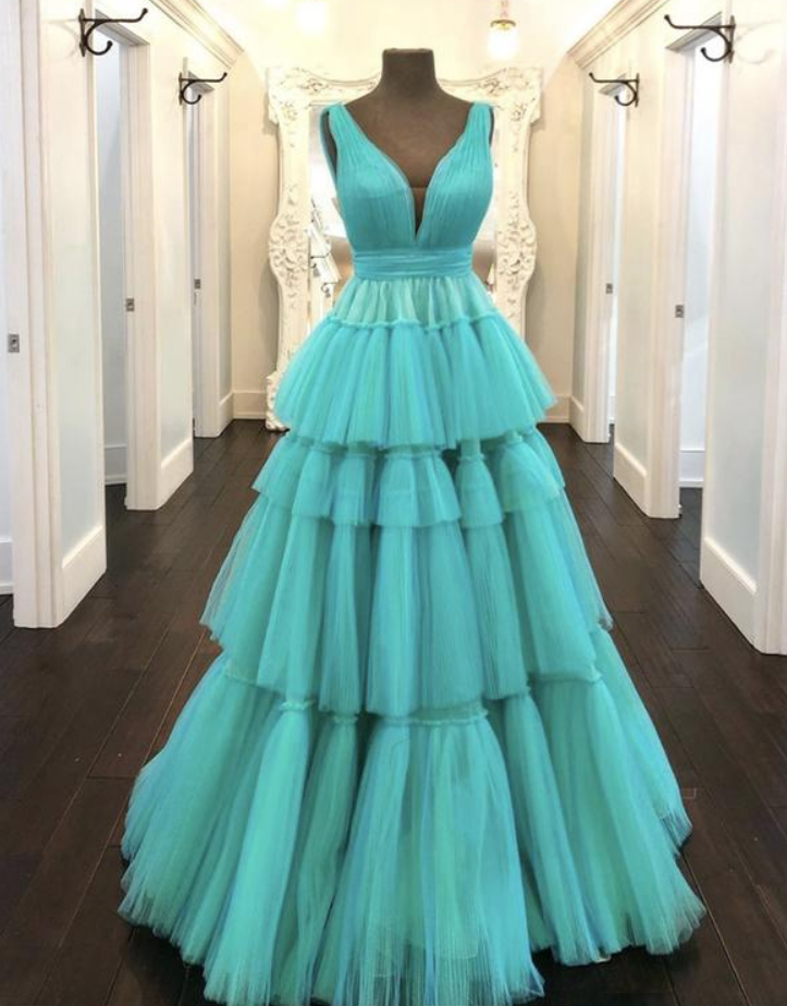 White A Line V Neck Tulle Long Lace Prom Formal Evening Dresses main image 1