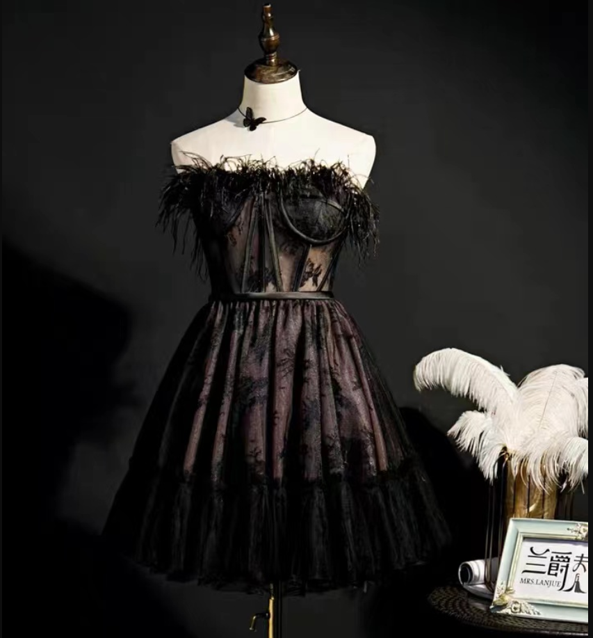 Black Feather Evening Dress, Temperament Short Dress, Socialite Party Dress,light Luxury Dress,custom Made