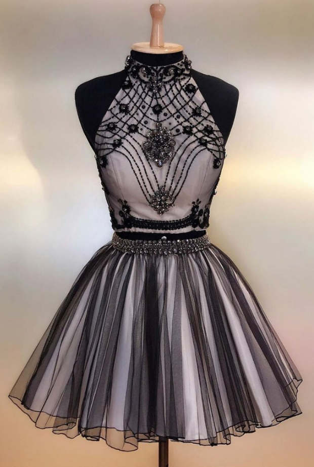 Black Two Pieces Beads High Neck Homecoming Dress,tulle Short Prom Dress,evening Dress