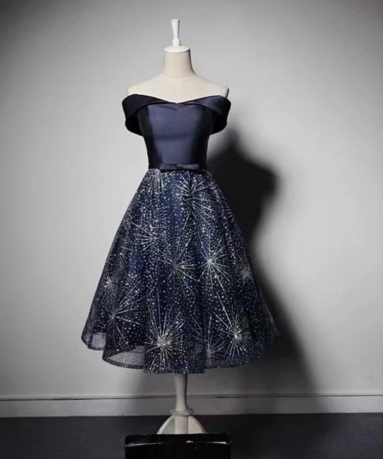 Off Shoulder Navy Blue Dress, Lace Bronzing Tulle Evening Dress, Fashion Long Bouffant Dress,custom Made
