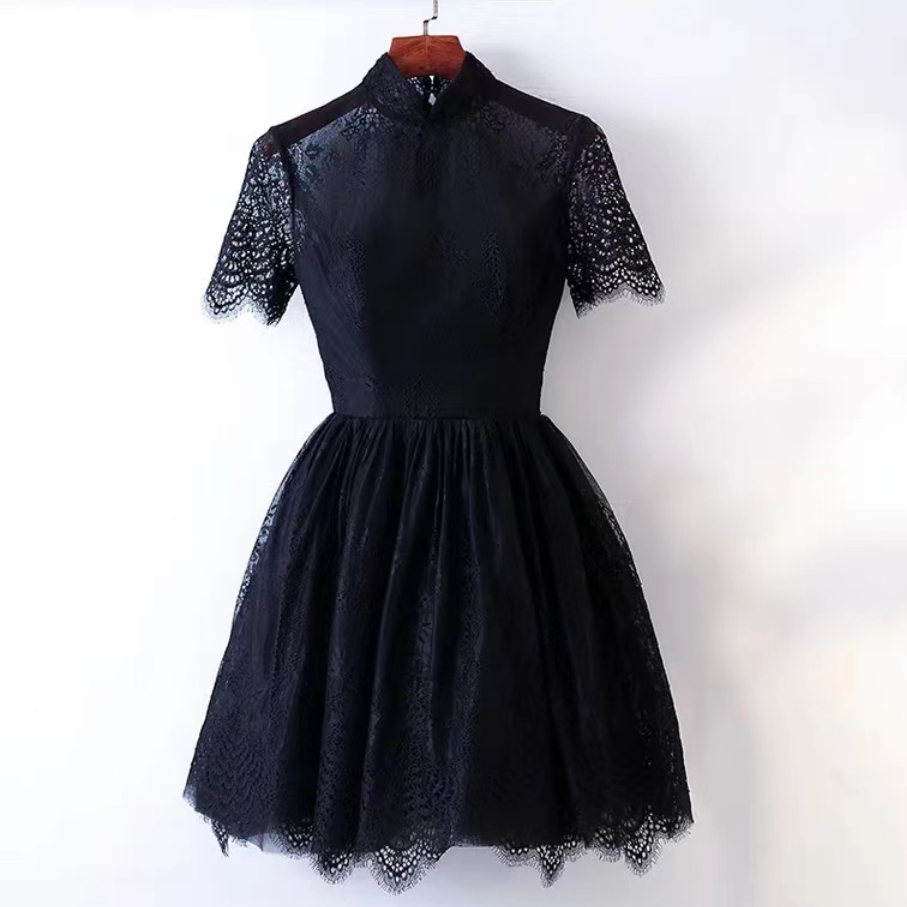 Black Evening Dress, Style, Lace Short Dress, High Neck Party Dress,custom Made