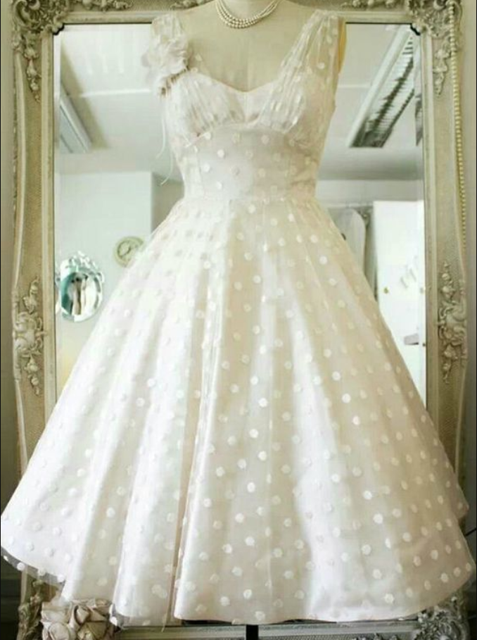 Vintage Polka Dots Tea Length Bridal Dresses,v-neck Sleeveless Backless Wedding Dresses