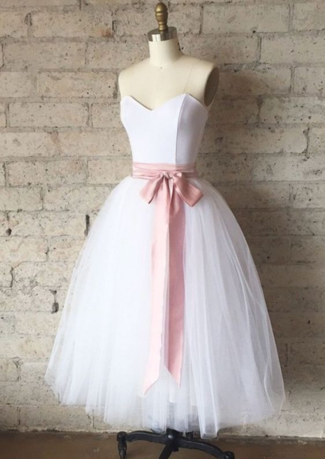 Simple White Tulle Tea Length Prom Dress, White Bridesmaid Dress
