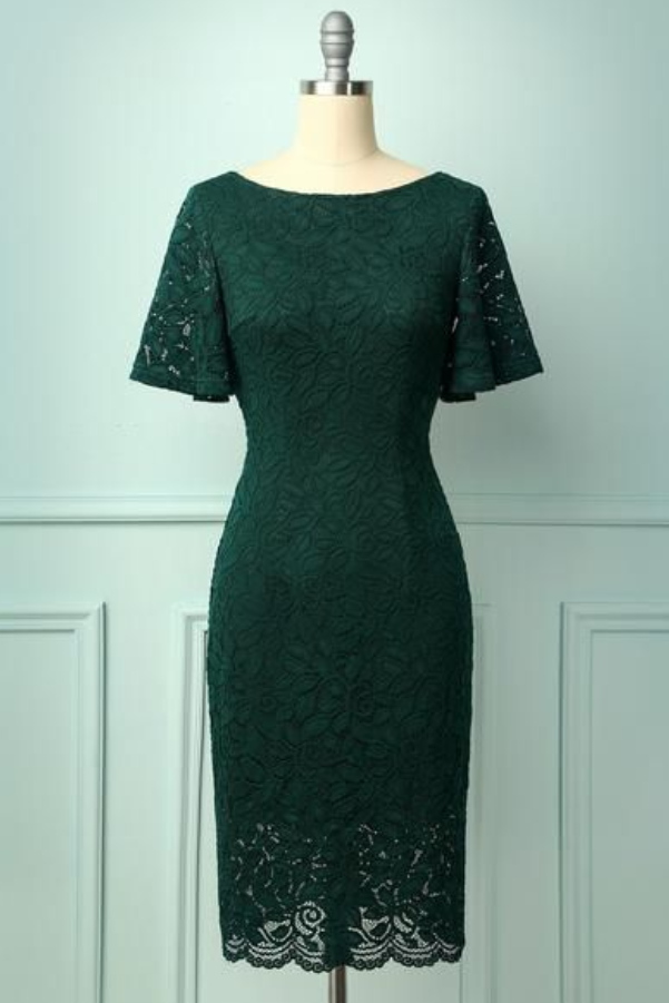 Green Lace Kneen Length Homecoming Dress , Party Dress