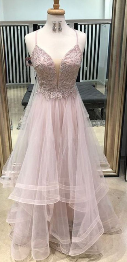 Pink Lace Tulle Spaghetti Straps Lace Up Back Prom Dresses