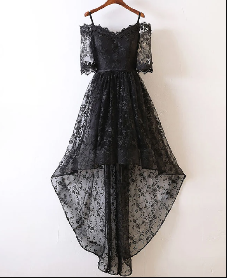 Black High Low Lace Prom Dress, Black Homecoming Dress,