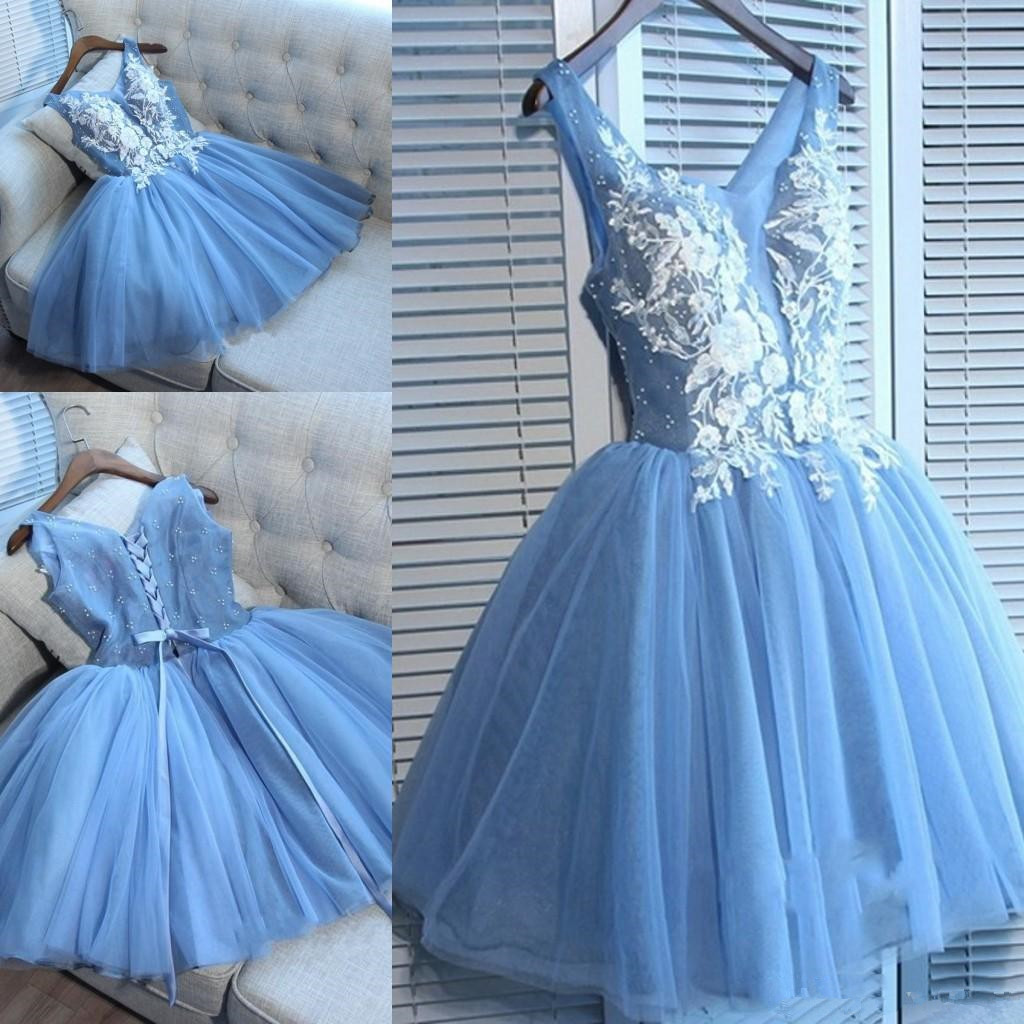 2019 Delicate Blue V-neck A-line Homecoming Dress Short Party Gown 3d-floral Appliques Lace Up Print Special Occasion Dresses Sweet
