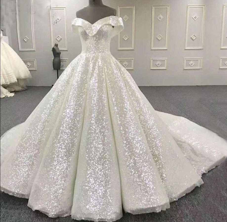 Elegant White Sequins Bling Bling Wedding Dresses Off Shoulder Sparkly Corset Back Plus Size Ball Gown Bridal Gowns robes de mariée
