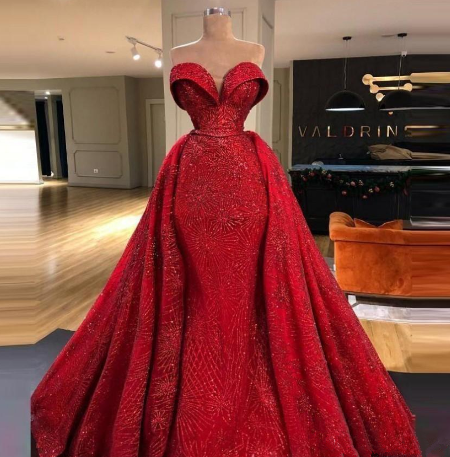 Shiny Red Overskirts Prom Dresses Appliques Sweetheart Mermaid Evening Dress Vestidos De Novia Plus Size Celebrity Party Gowns