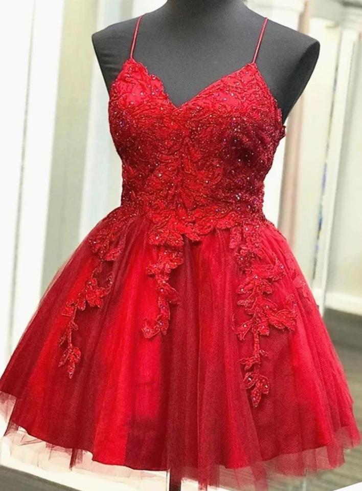 Red Appliques Beading Lace Straps Short Homecoming Dress Red Appliques Beading Lace Straps Short Homecoming Dress