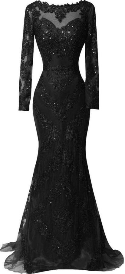 Long Sleeves Prom Dress,black Prom Dress,lace Prom Dress,beading Prom Dress,charming Beading Evening Dress,lace Mermaid Prom Dress