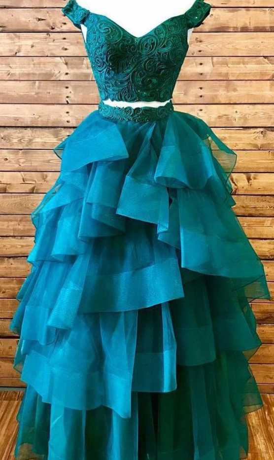 Two Piece Prom Dress, Green Prom Dress, Off The Shoulder Prom Dress