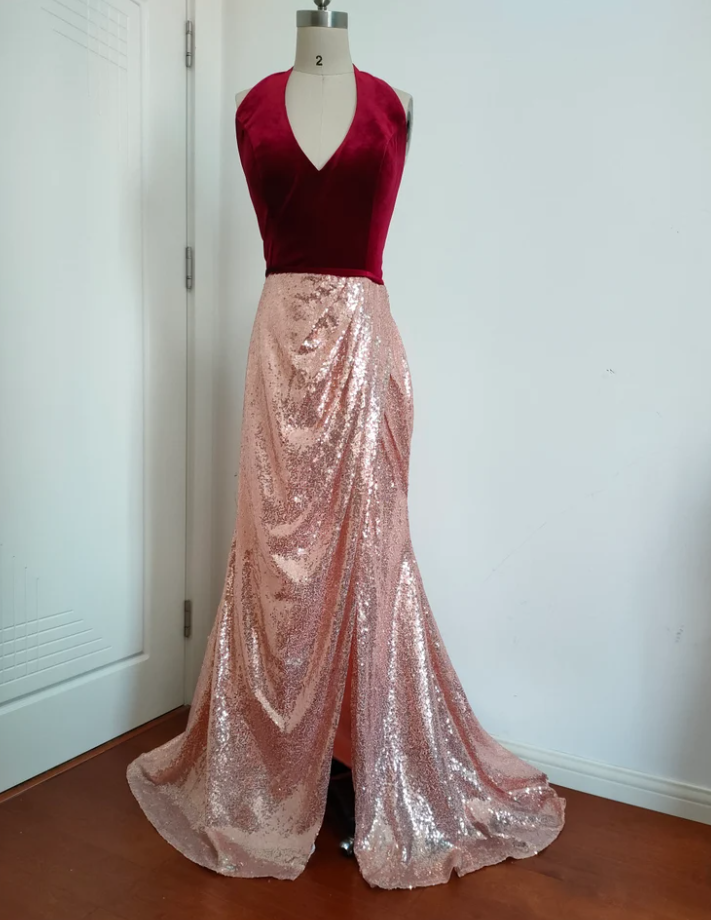 Custom Velvet Sequin Dress,halter Wine And Rose Gold Bridesmaid Dress,womens Formal Dresses,high Slit Wedding Dress,sexy Evening Gown