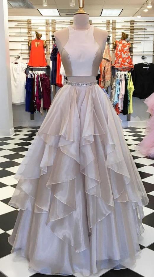 Two Piece Long Prom Dress, Champagne Long Prom Dress, Princess Two Piece Champagne Long Graduation Dress