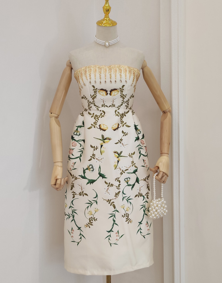 ,printed Dress, Strapless Party Dress, Slim Dress With Handmade Bead