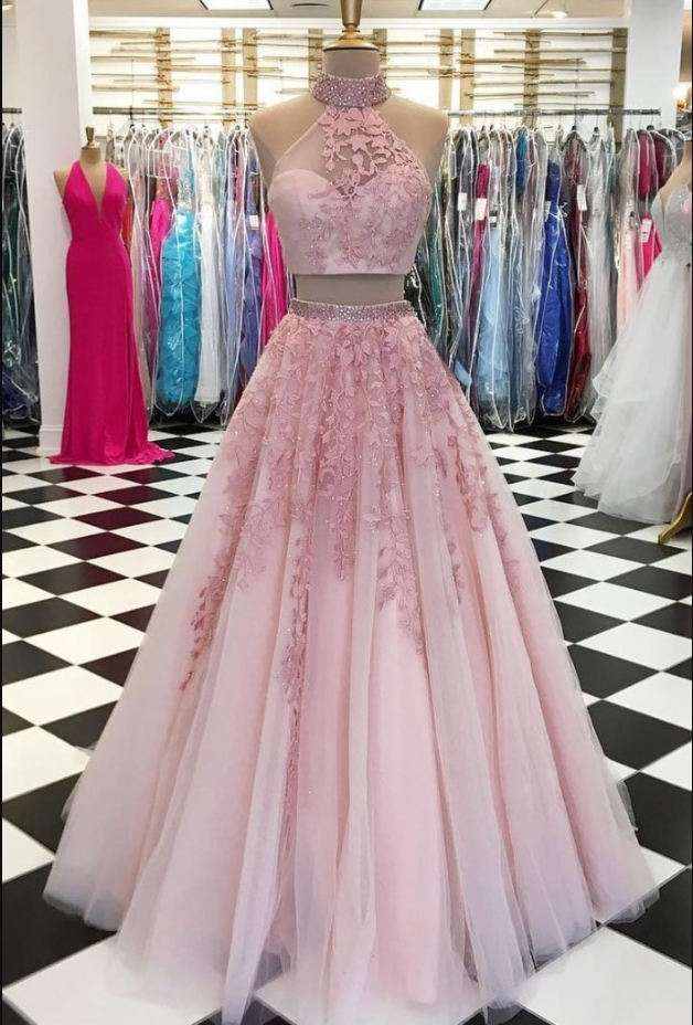 Two Piece Pink Tulle Lace Long Prom Dress, Party Dress, High Neck Pink Long Prom Dress With Open Back