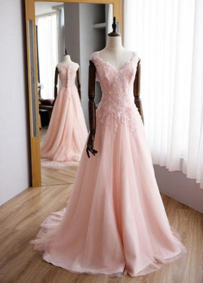 Cap Sleeves Pink V-neck Beautiful Charming Long Prom Dress