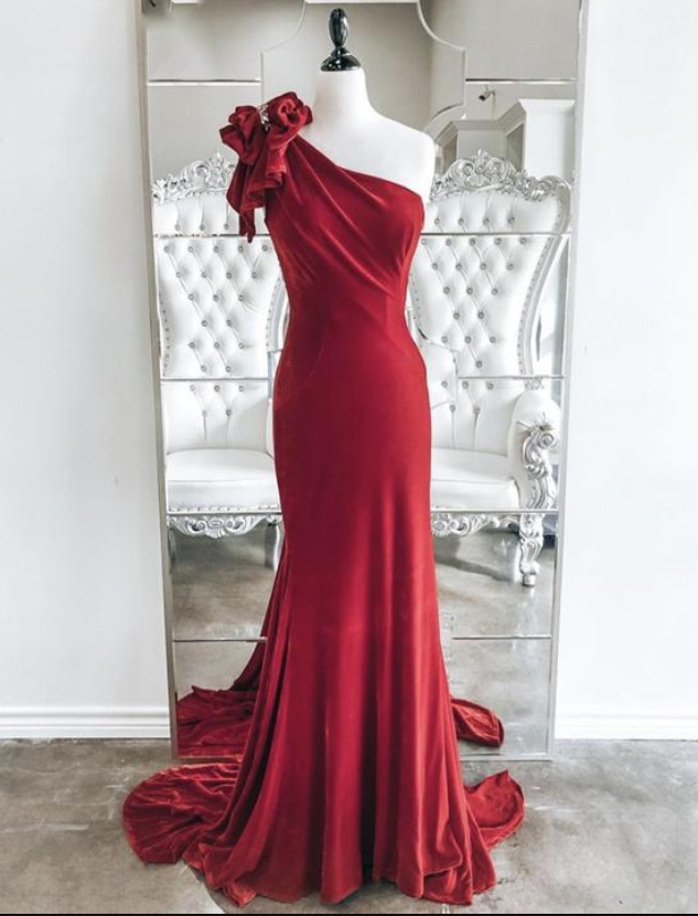 Elegant Burgundy Velvet Long Mermaid Prom Dresses One Shoulder Crystal Illusion Back Evening Dress