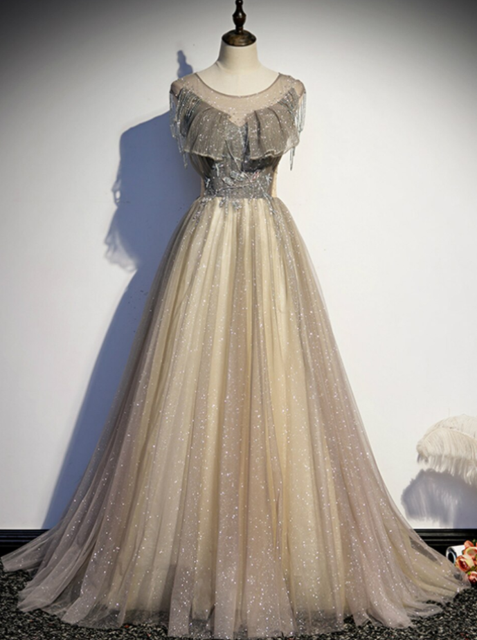 Gray Tulle Sequins Backless Tassel Beading Prom Dress