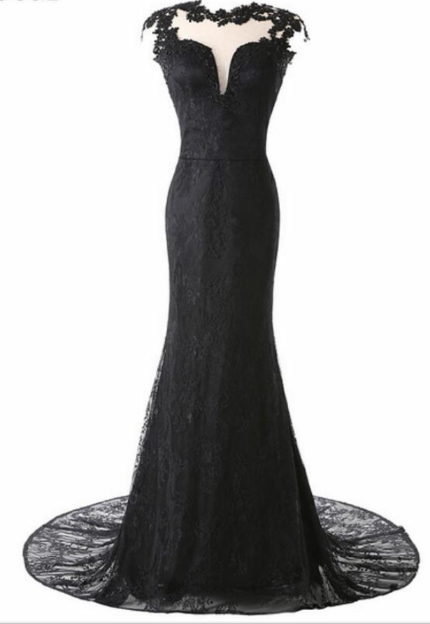 Black Lace Scoop Neck Mermaid Prom Dresses Sheer Neck Women Prom Gowns , Mermaid Evening Dress ,custom Made Wedding Party Gowns