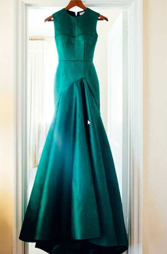 Green Satin Mermaid Prom Dresses, O-neck Long Evening Dress , Wedding Party Gowns , Off Shoulder Prom Gowns ,formal Gowns , Custom Made Party