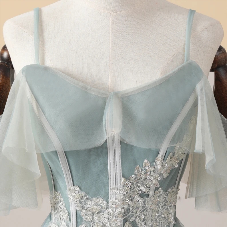 Appliques Dresses Long,Spaghetti Straps Tulle Prom Dresses main image 1