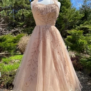 Vintage 1950s Hand Painted Taupe Prom Dress