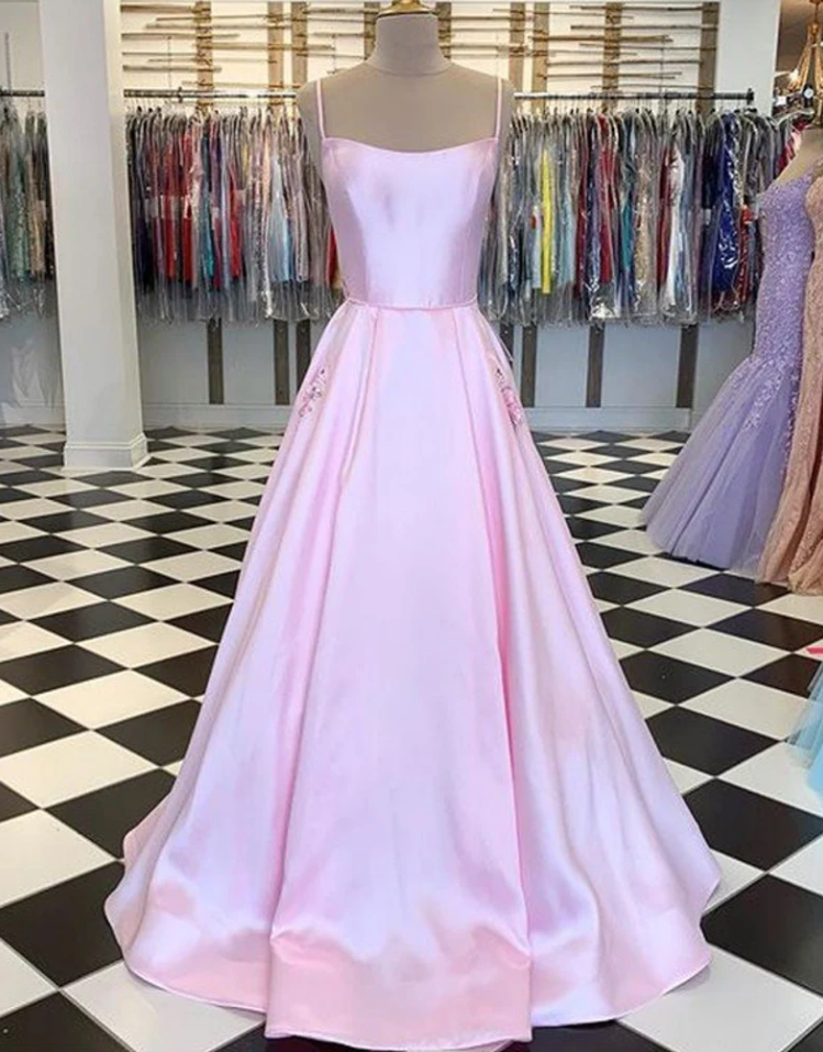 A Line Spaghetti Strap Beaded Satin Light Pink Floor Length Prom Dress Custom main image 1