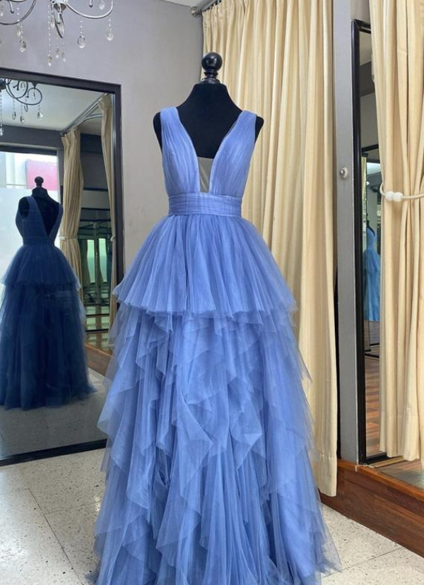 Simple Blue Tulle V Neck Long A Line Prom Dress, Halter Evening Dress