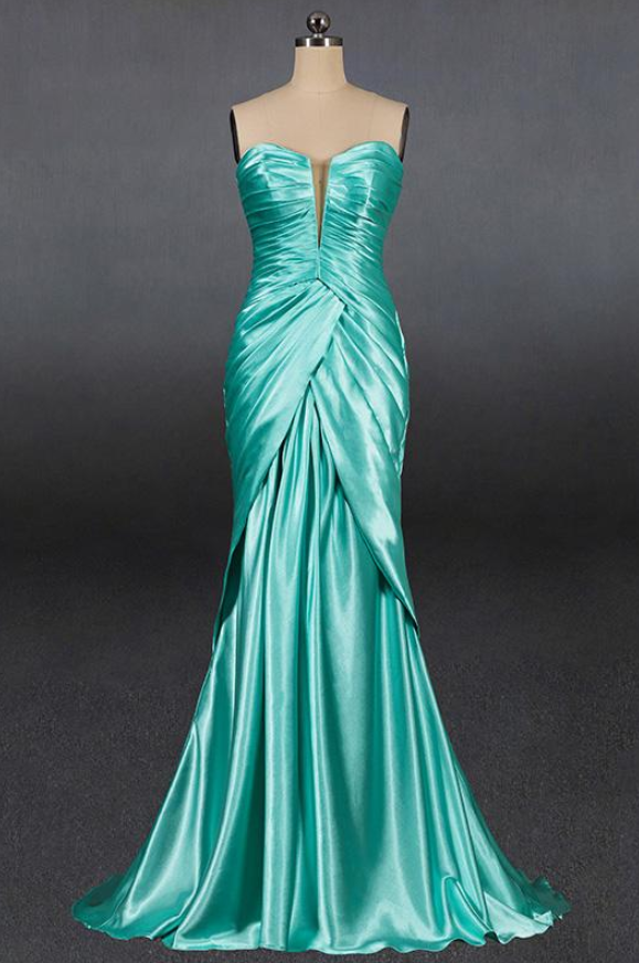 Latest Green Satin Slim Tube Top Prom Dress Banquet Party Wedding Evening Dress