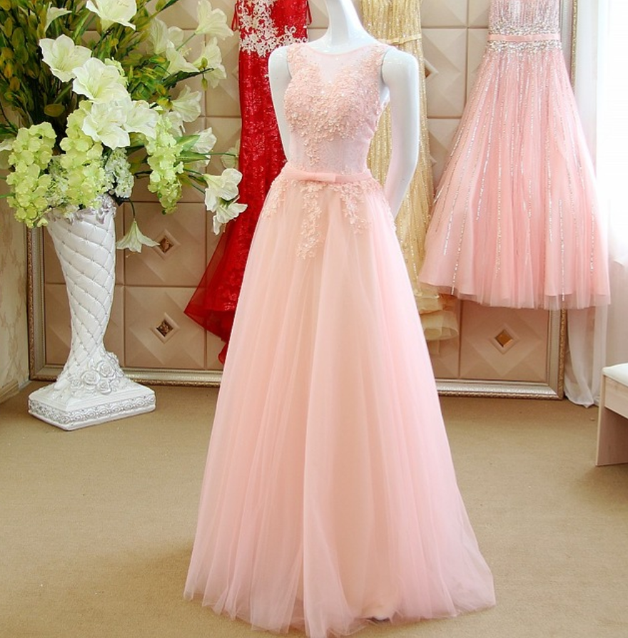Sexy Long Prom Dress,sleeveless Appliques And Tulle Formal Dresses,pink Evening Gowns,homecoming Dress