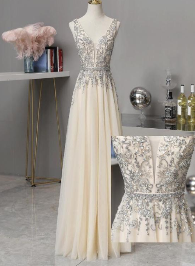 Light Champagne V-neckline Beaded And Lace Long Prom Dress, A-line Tulle V Back Party Dress