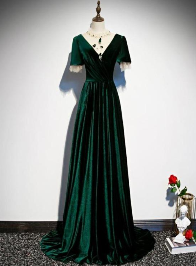 Dark Green Velvet Short Sleeves A-line Bridesmaid Dresses, A-line Wedding Party Dress Prom Dress