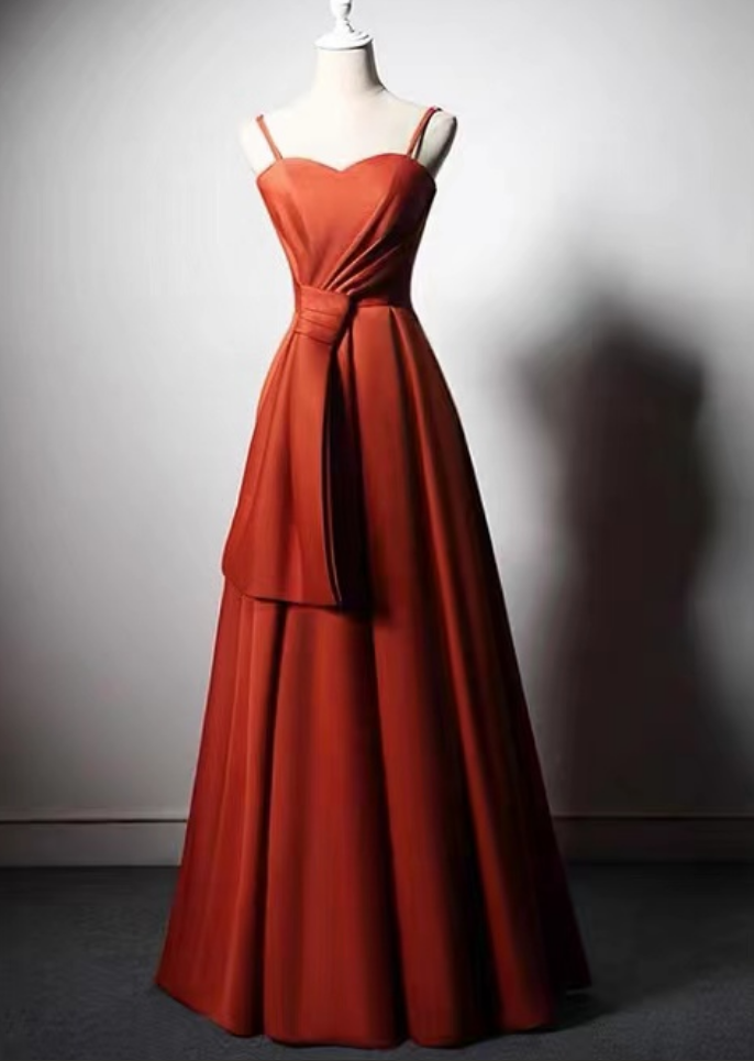 slim fit dress slacks Simple Spaghetti Straps A Line Red Satin Long Prom Dresses, Long Red F –  morievent main image 1